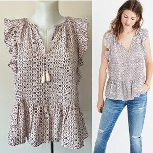Madewell Blouse Silk Lily Ruffle  Top in Echo Grid Sleeveless Flutter Tassle XXS